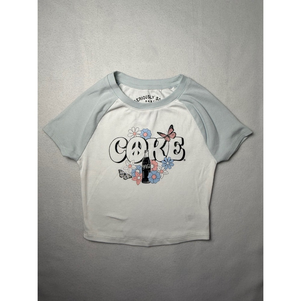 Aeropostale Coca-Cola Seriously Soft Baby Tee Raglan Crop Top Blue White Small